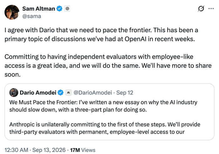 Sam Altman回复同意Dario关于控制AI前沿发展速度的观点