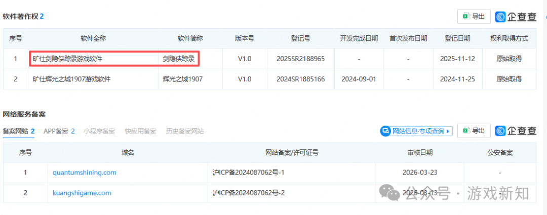 企查查显示的上海旷仕科技软件著作权与备案信息