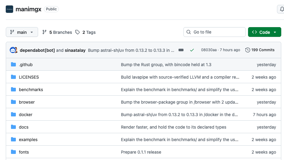 ManimGX GitHub 仓库页面截图,展示仓库文件结构、提交记录与分支标签信息