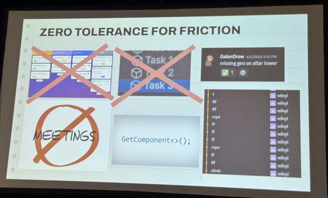 “对摩擦零容忍”幻灯片，展示被划掉的任务列表和会议