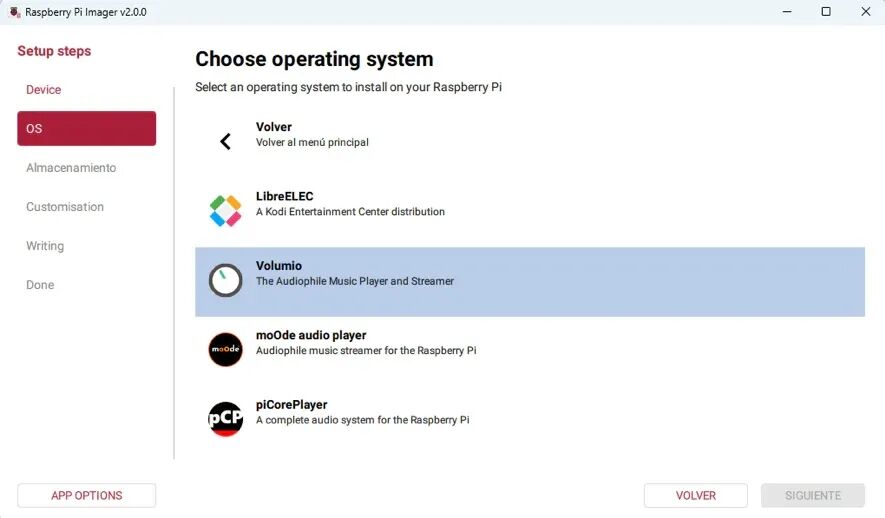 在Raspberry Pi Imager中选择Volumio系统