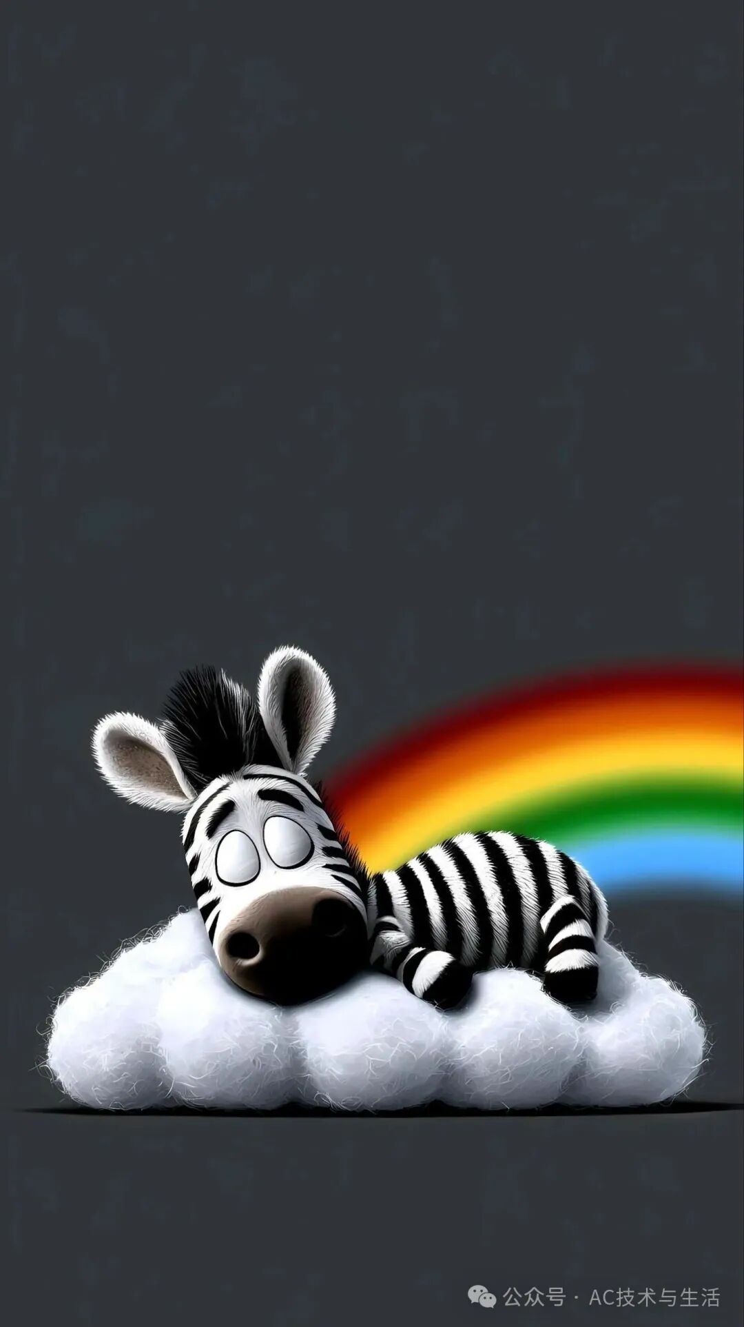 一张可爱的卡通斑马躺在云朵上睡觉，背景有彩虹，画面充满梦幻感