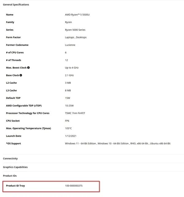 AMD Ryzen 5 5500U官方规格页