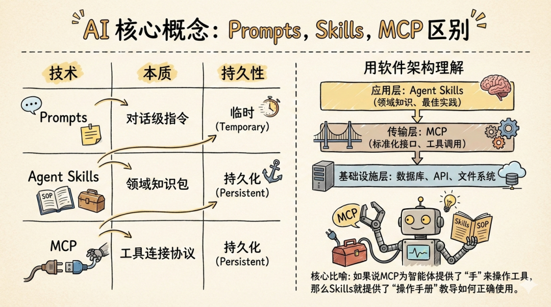 Prompts、Agent Skills与MCP的关系对比图