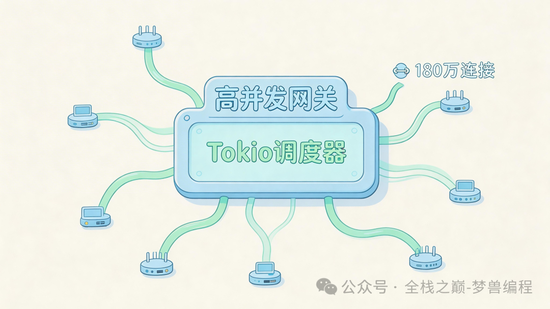 Rust/Tokio网关处理180万并发连接的架构示意图