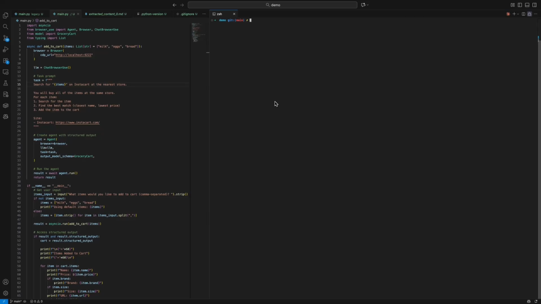 Browser-Use Python 示例代码截图