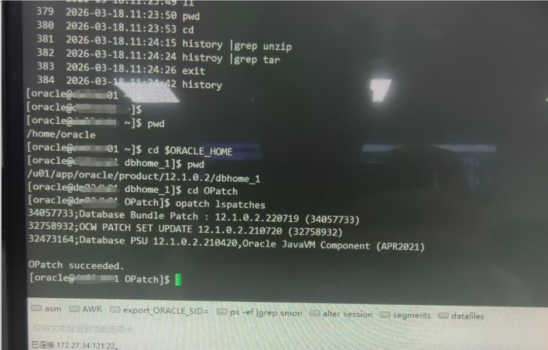 在辅助库执行opatch lspatches检查补丁版本的终端截图