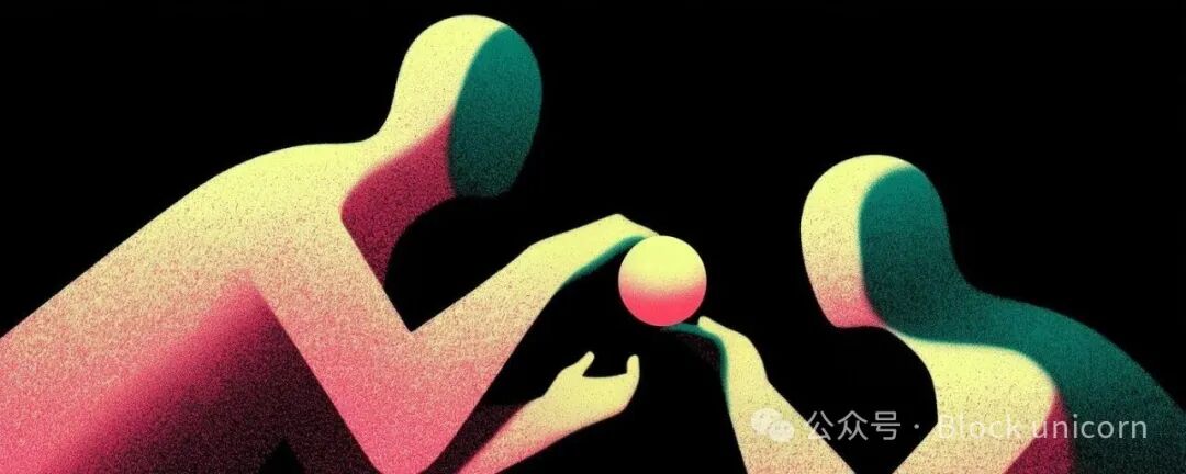 一幅抽象风格的插画，黑色背景下有两个无面部特征的人形剪影，左侧人形身体呈黄粉渐变，右侧人形呈黄绿渐变，两人共同托举一个粉黄渐变的小球体