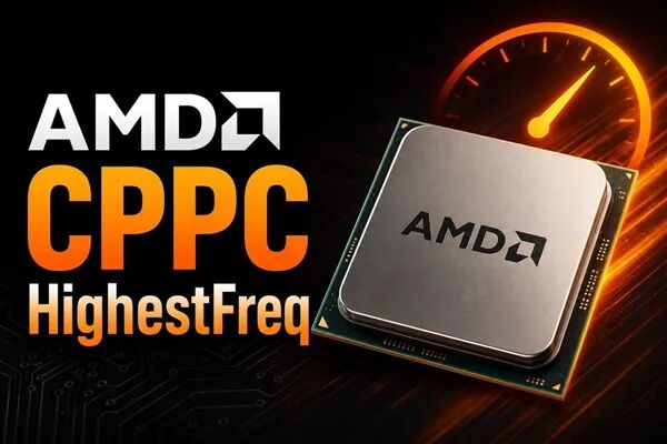 AMD CPPC HighestFreq 处理器宣传图 银色AMD CPU芯片 橙色速度表图案指向高数值区域