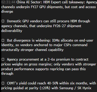 专家纪要截图:国产GPU通过代理渠道获取HBM及CXMT良率定价分析