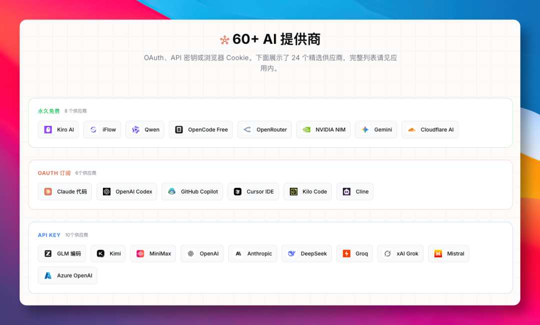 9Router支持的40+AI提供商分类列表