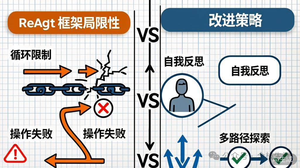 ReAct框架的局限性(如循环限制、操作失败)与改进策略(自我反思、多路径探索)对比图