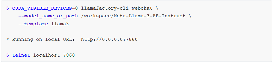 终端命令截图:`llamafactory-cli webchat`启动命令及telnet连接7860端口