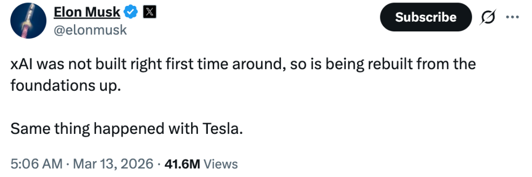马斯克推文截图，内容关于xAI需要重建