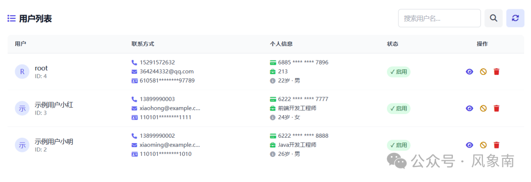 用户数据列表界面截图，显示加密后的字段存储效果