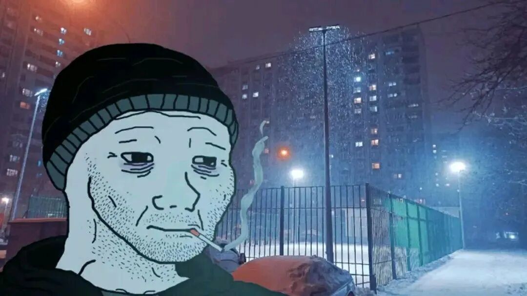 雪夜中叼着烟的Wojak表情包