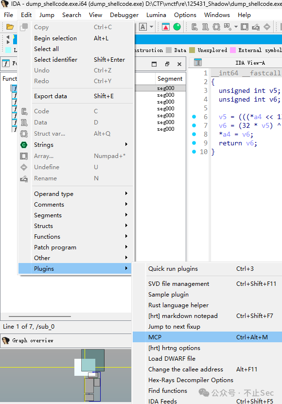 IDA Pro 插件菜单中启动 MCP
