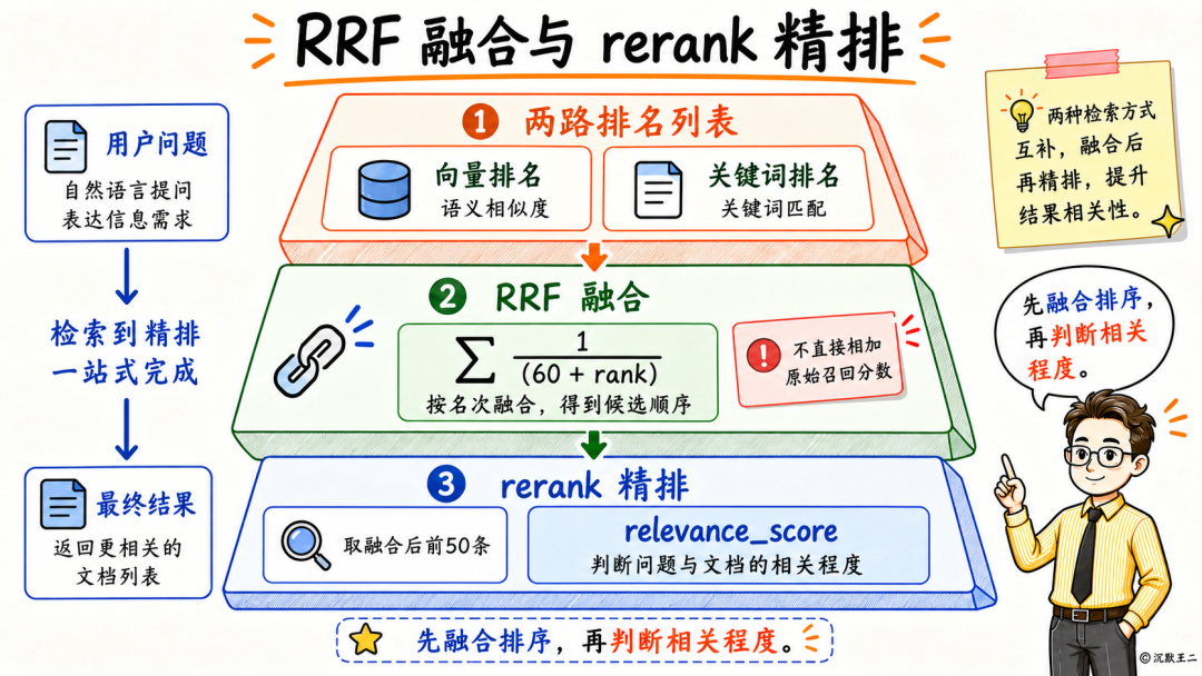 RRF融合与rerank精排流程图：两路排名、名次融合与相关性精排