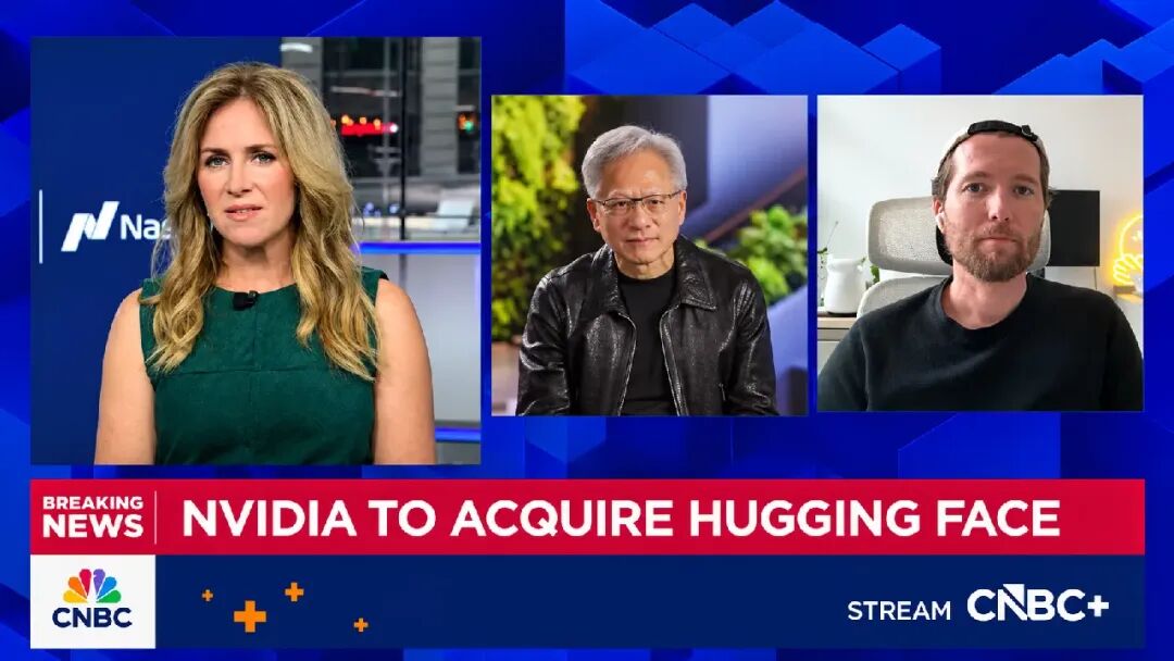 CNBC 新闻直播画面,宣布英伟达将以 129 亿美元收购 Hugging Face