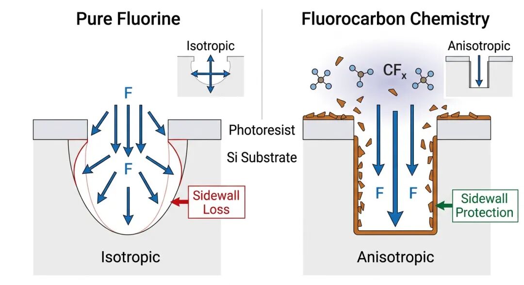 纯氟与氟碳化学刻蚀效果对比示意图