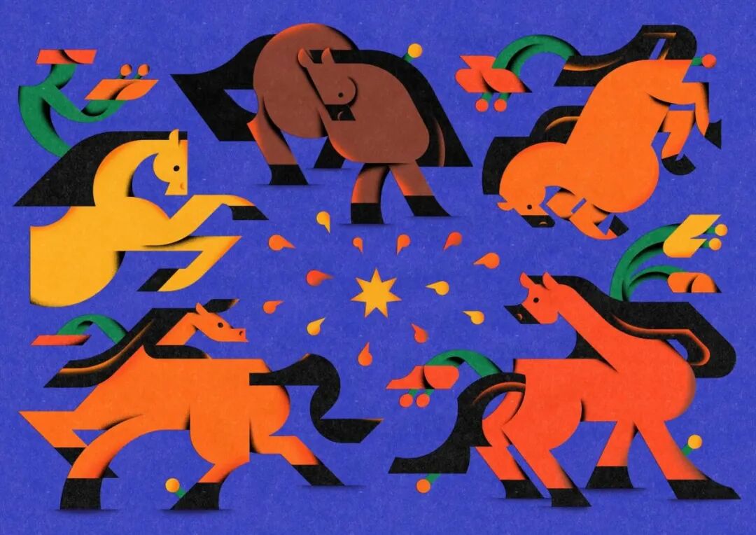 深蓝背景：多匹色彩鲜艳马（黄橙棕）动态奔跑，绿曲线、橙花瓣、黄星星装饰