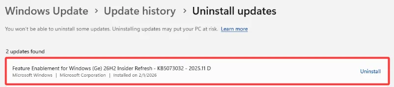 Windows更新历史界面，显示26H2相关功能启用包