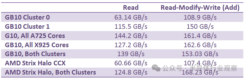 GB10与AMD Strix Halo处理器集群带宽性能数据表