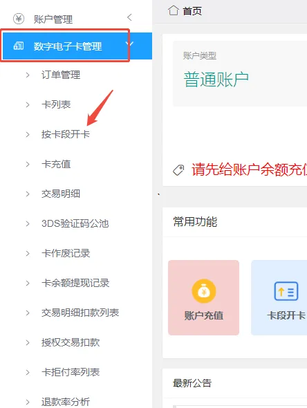 虚拟信用卡管理后台界面