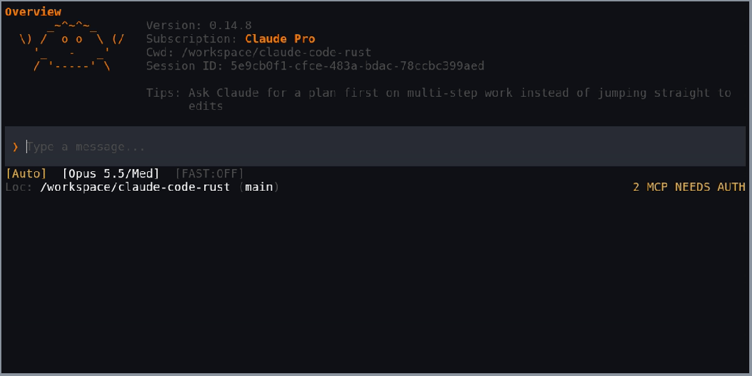 Claude Code Rust 终端交互界面截图，展示版本信息与用户问答过程