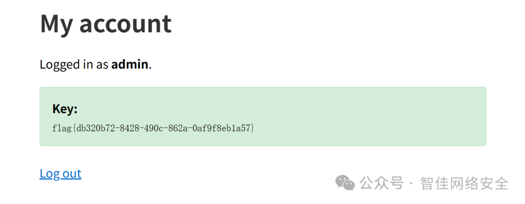 My account 页面：Logged in as admin，Key 字段显示 flag{db320b72-8428-490c-862a-0af9f8eb1a57}