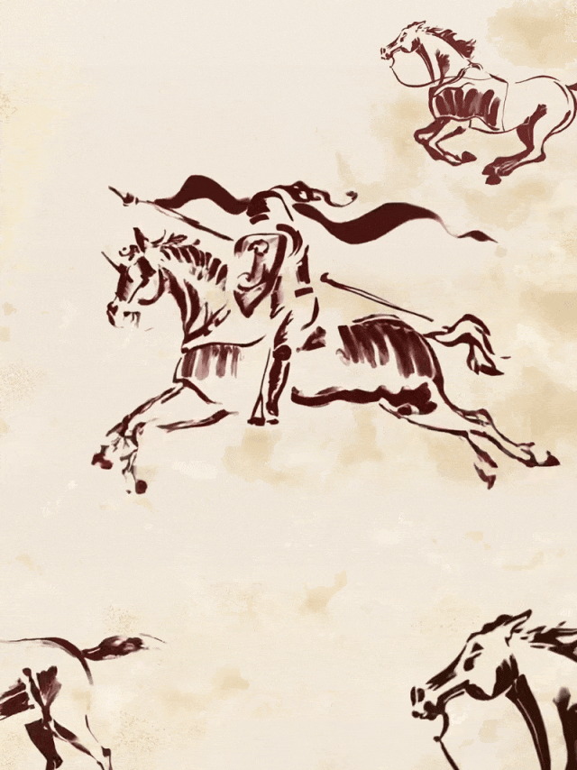 水墨奔马与骑士，深褐墨迹在米黄宣纸质感背景上挥洒