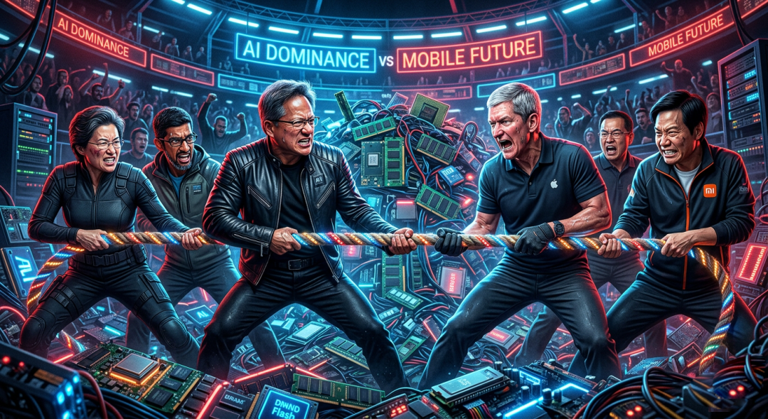 描绘AI阵营与移动阵营竞争的科幻风格插画
