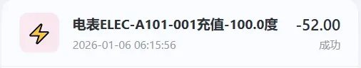 电表充值记录,成功充值了-100.0度电,金额为-52.00元