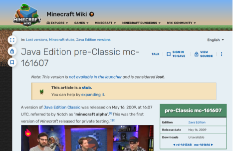 Minecraft Wiki页面截图,显示Java Edition pre-Classic mc-161607版本信息