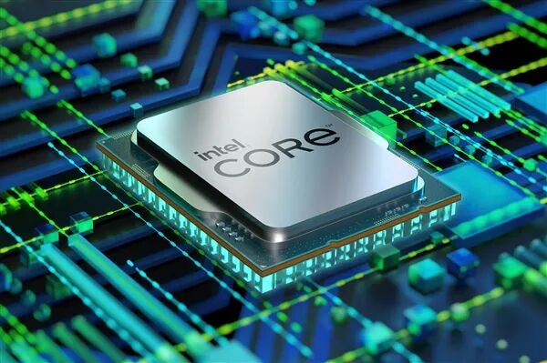 Intel Core处理器渲染图，银色芯片有金色触点，背景为发光电路