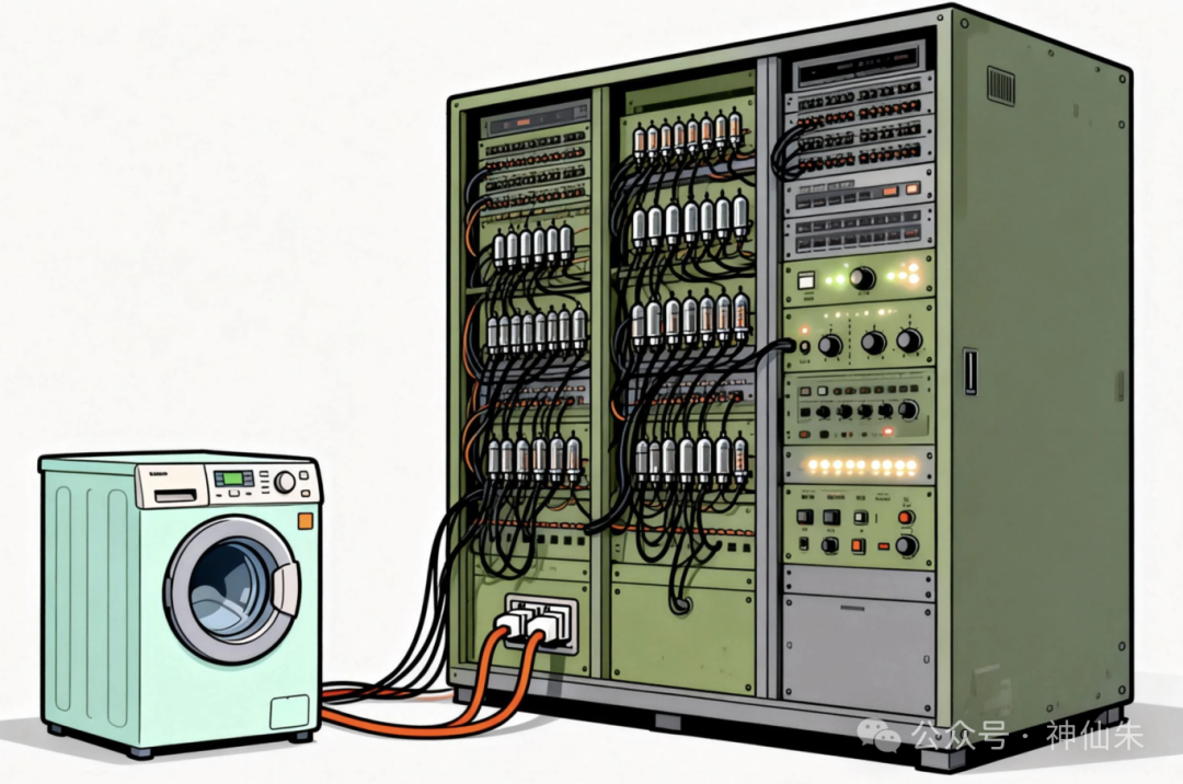 卡通图：洗衣机连接着复杂的电子机柜