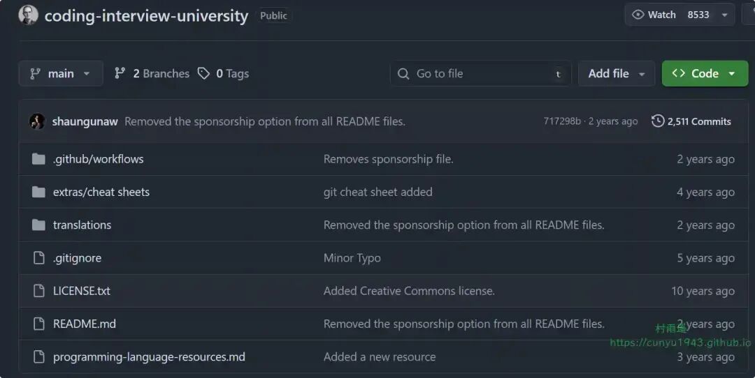 Coding Interview University GitHub仓库页面