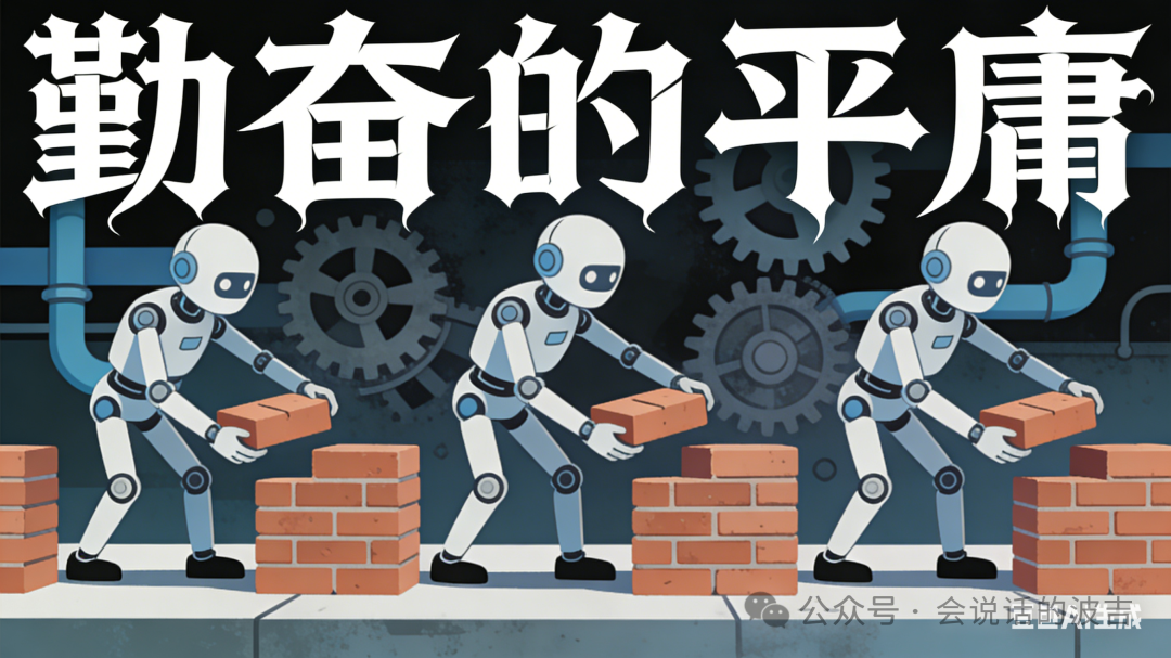 讽刺“勤奋的平庸”的插画，机器人砌砖背景为齿轮管道