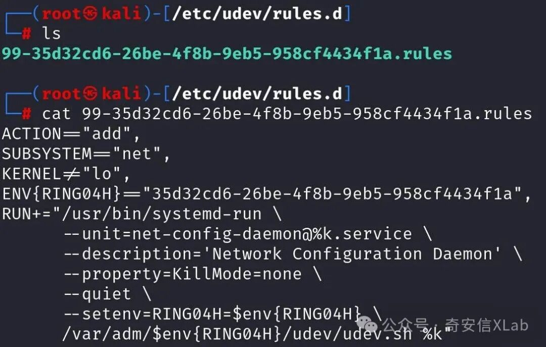 终端界面显示在Kali Linux系统中，用户以root身份操作/etc/udev/rules.d目录下的规则文件