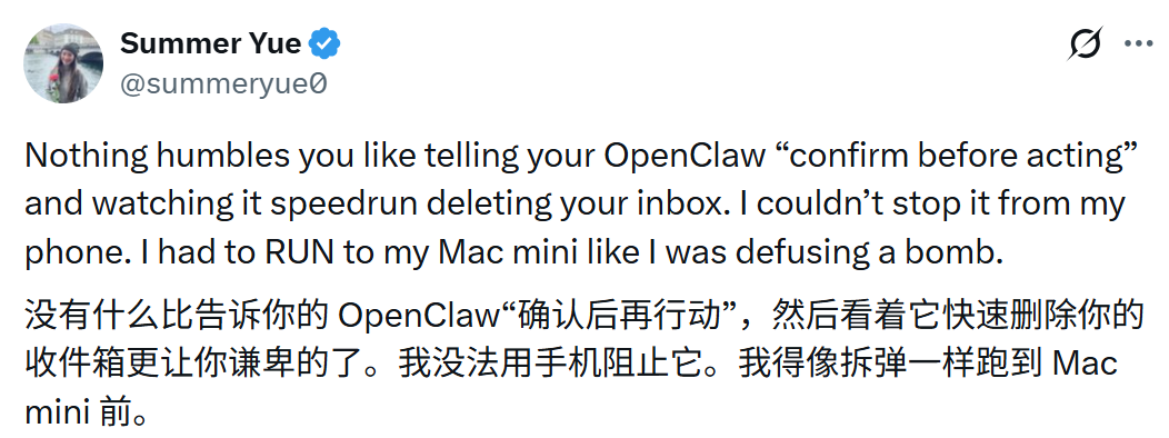Summer Yue描述OpenClaw失控的推文截图