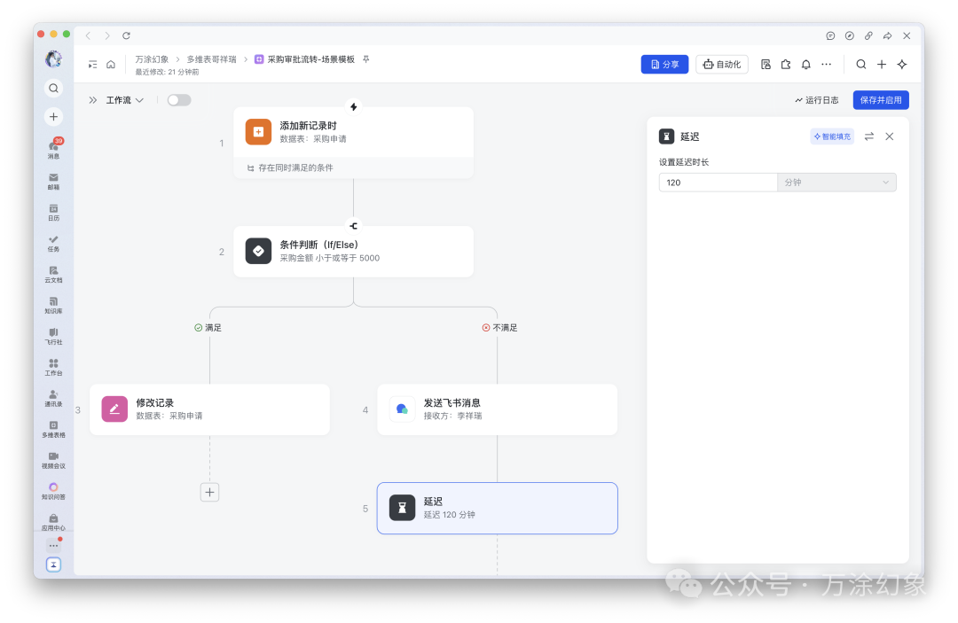 在工作流中添加延迟节点,设置120分钟