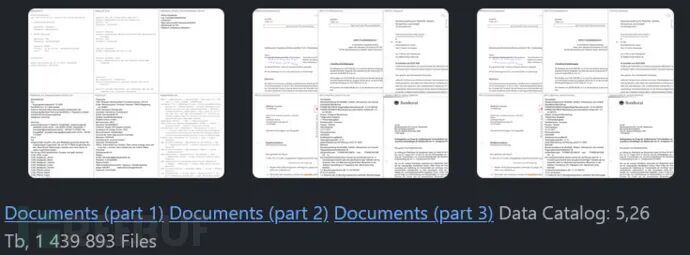 泄露文件归档截图：Documents part 1-3 与 Data Catalog 统计
