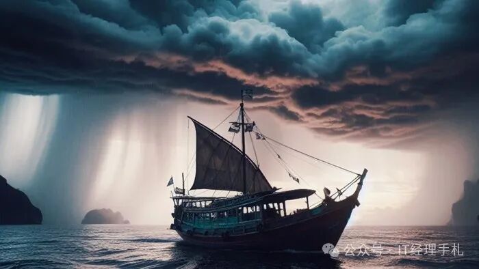 一艘古帆船在暴风雨中航行