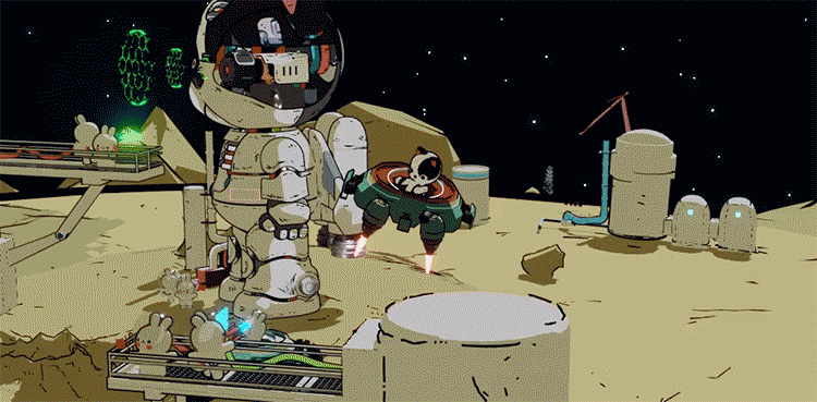 科幻风格GIF：月球表面互动场景与“第一时间体验未来”标题