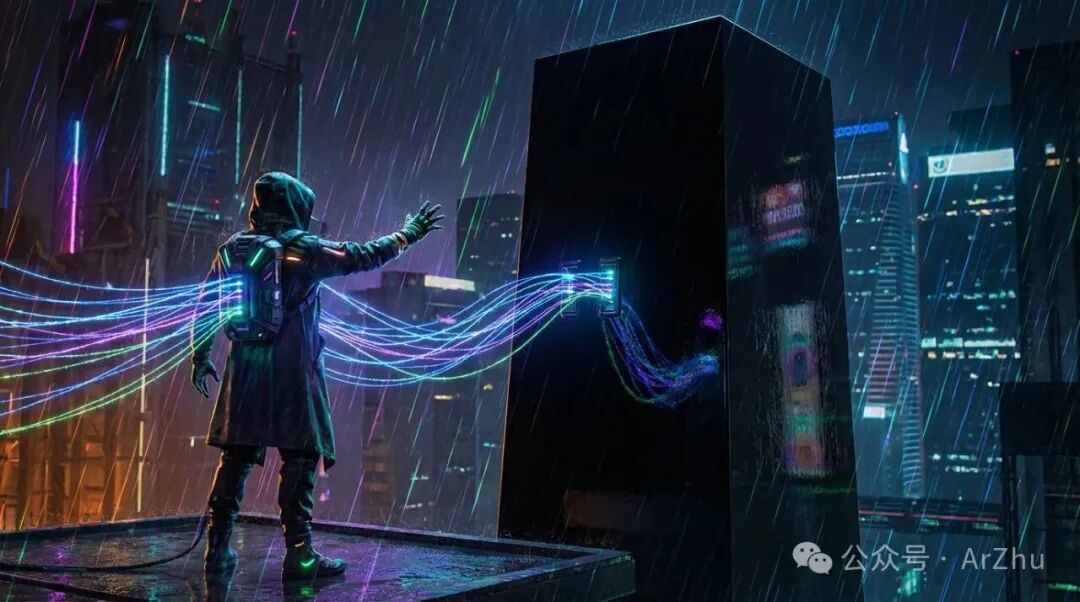 雨夜中，人物向黑色立方体传输数据的赛博朋克意境图