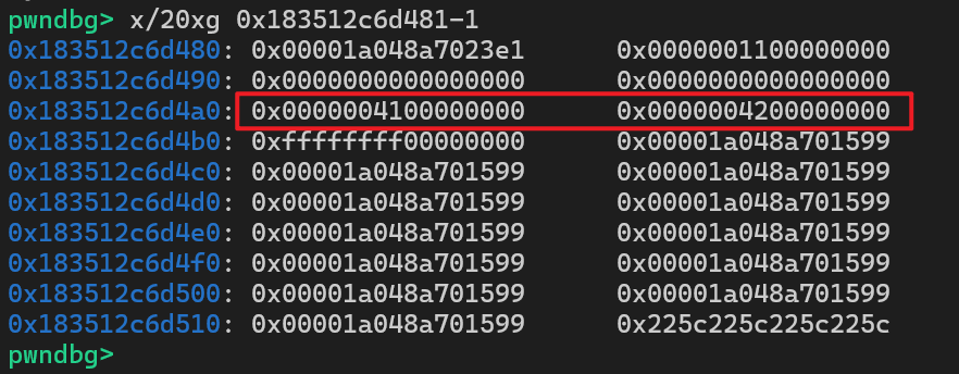 黑色背景的终端界面,显示的是pwndbg调试器的内存转储输出,包含地址、十六进制数据和注释