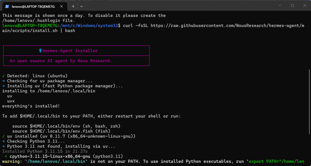 终端界面显示Hermes Agent安装程序运行过程，黑色背景白色文字，顶部有命令行输入：curl -fsSL https://raw.githubusercontent.com/NousResearch/hermes-agent/main/scripts/install.sh | bash，中间紫色边框标题为'Hermes Agent Installer'及'An open source AI agent by Nous Research.'，下方显示安装进度：检测到Linux（Ubuntu）、安装uv包管理器、安装Python 3.11等，最后出现警告：'/home/lenovo/.local/bin'不在PATH中。