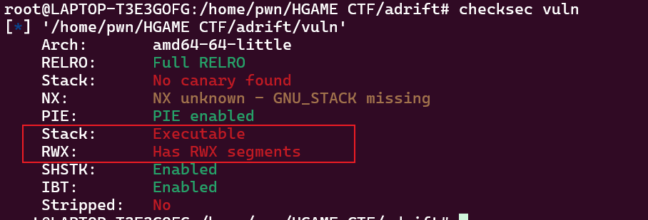 checksec 输出显示栈可执行