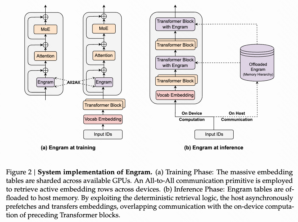 Engram 系统实现：对比了训练和推理阶段的参数分片与通信策略