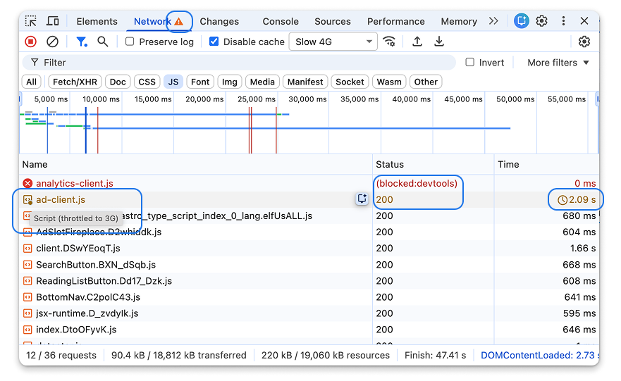 Network面板中被标记的请求示例